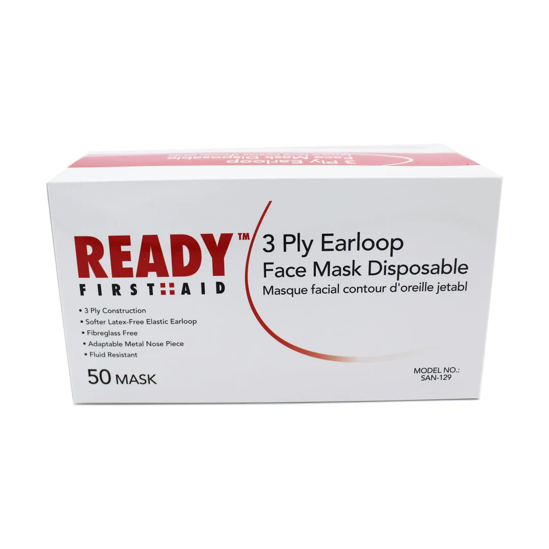 3-PLY Earloop Disposable Face Mask, Box Of 50 - Ready First Aid