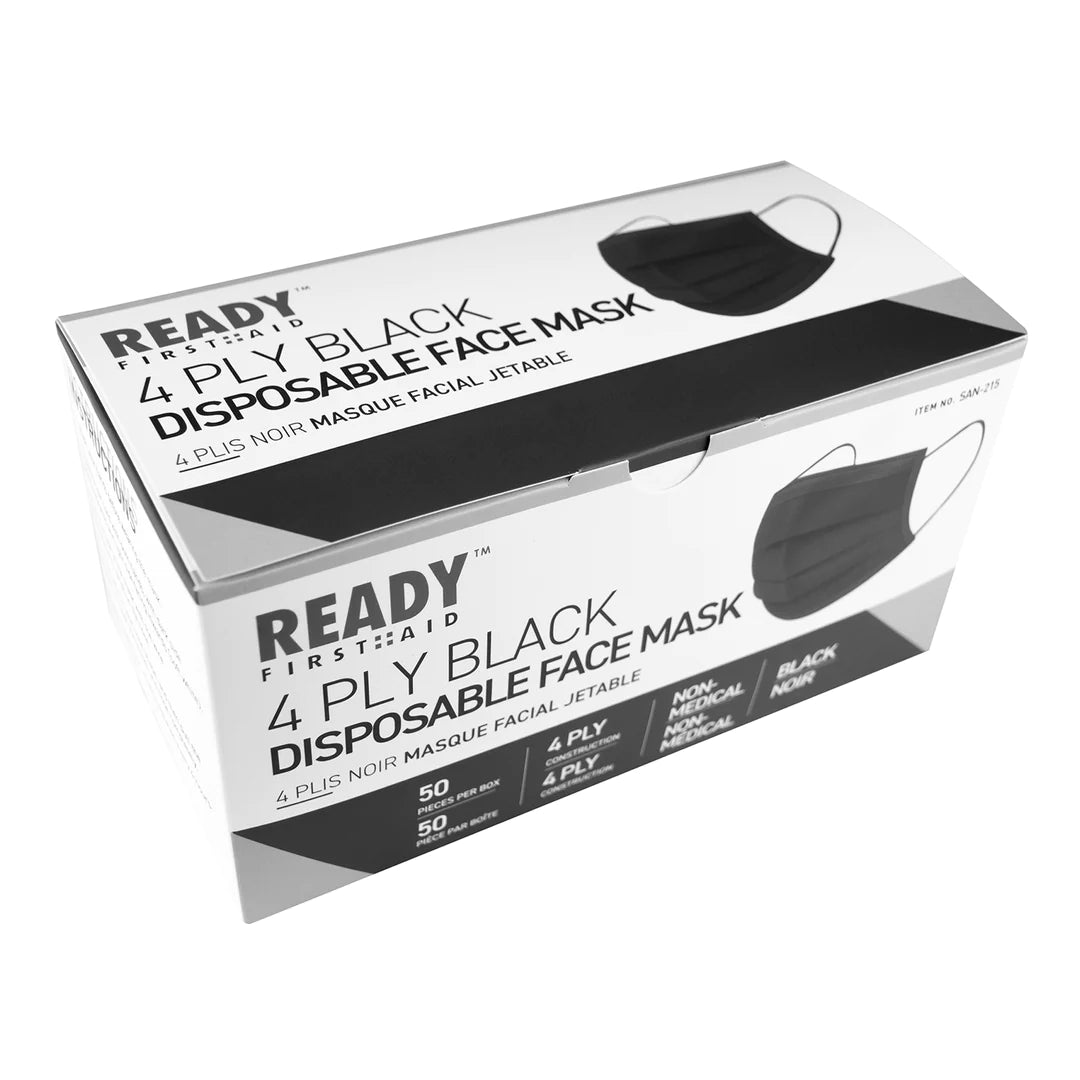 4-PLY Earloop Disposable Face Mask, Black, Box Of 50 - Ready First Aid