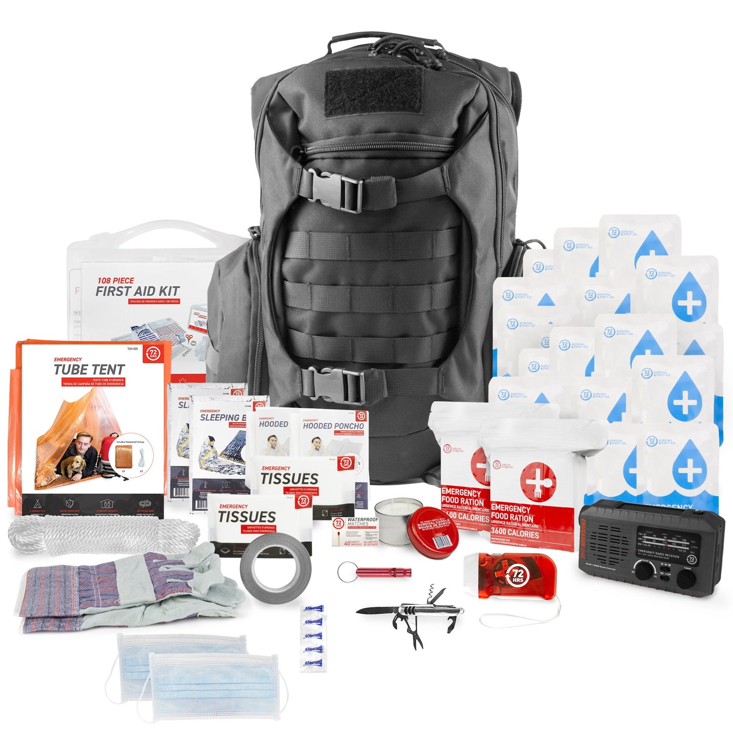 2 Person 72HRS Tactical Deluxe Backpack Kit with NOAA Weatherband Radio laid out