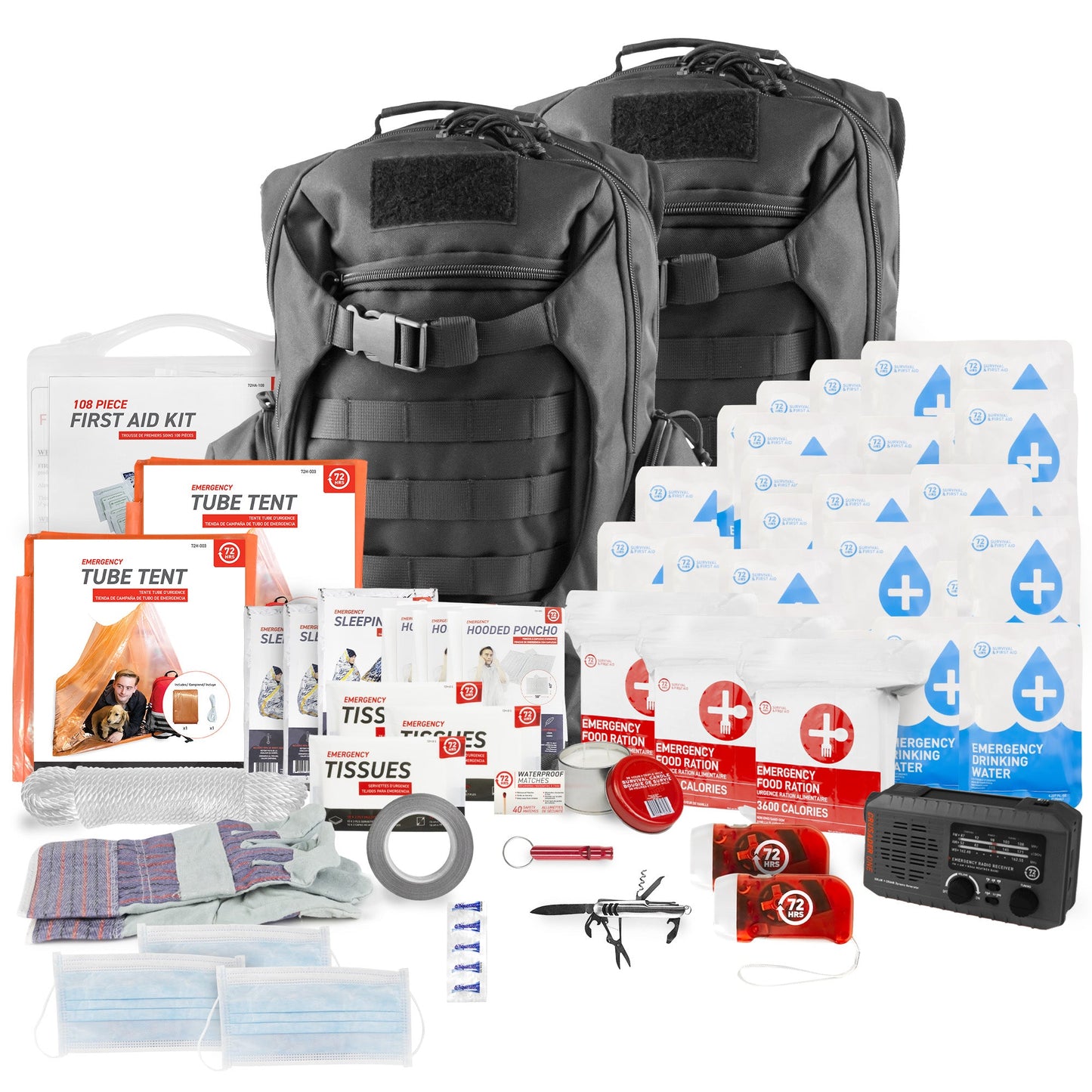 3 Person 72HRS Tactical Deluxe Backpack Kit with NOAA Weatherband Radio laid out
