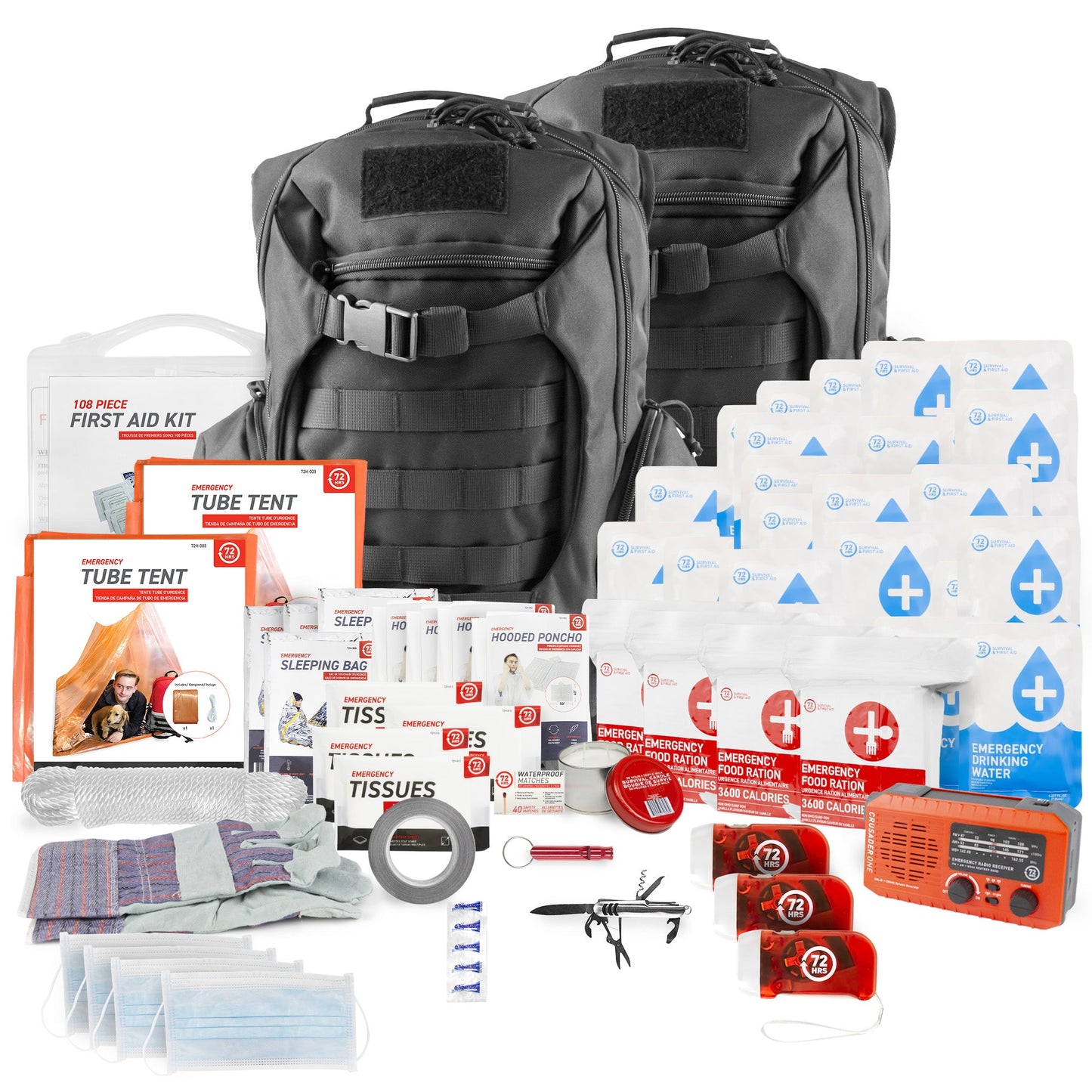 4 Person 72HRS Tactical Deluxe Backpack Kit with NOAA Weatherband Radio laid out