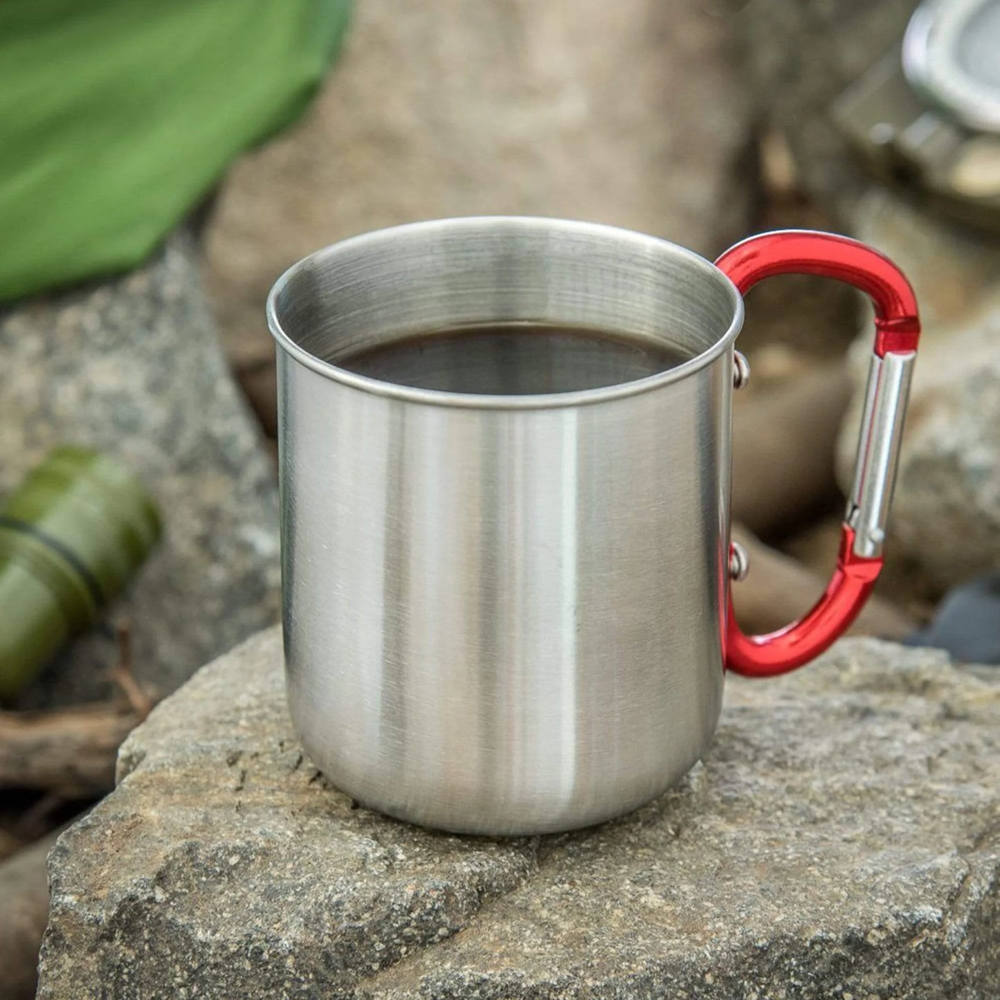 Stainless Steel Travel Mug with Red 3" Carabiner Handle (300ml)