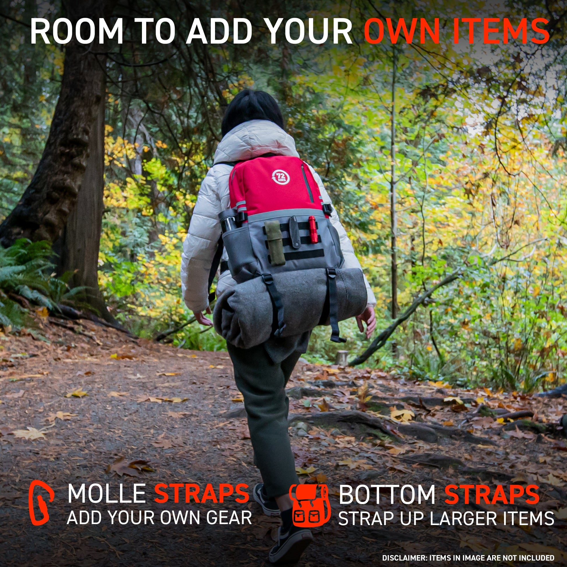 woman carrying 72HRS red deluxe Backpack with items outside backpack