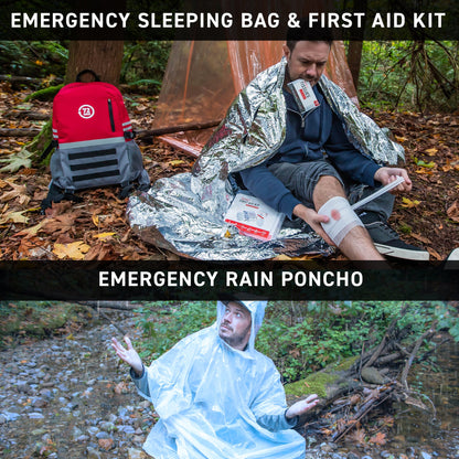 man using emergency sleeping bag and first aid kit beside him. Man wearing rain poncho