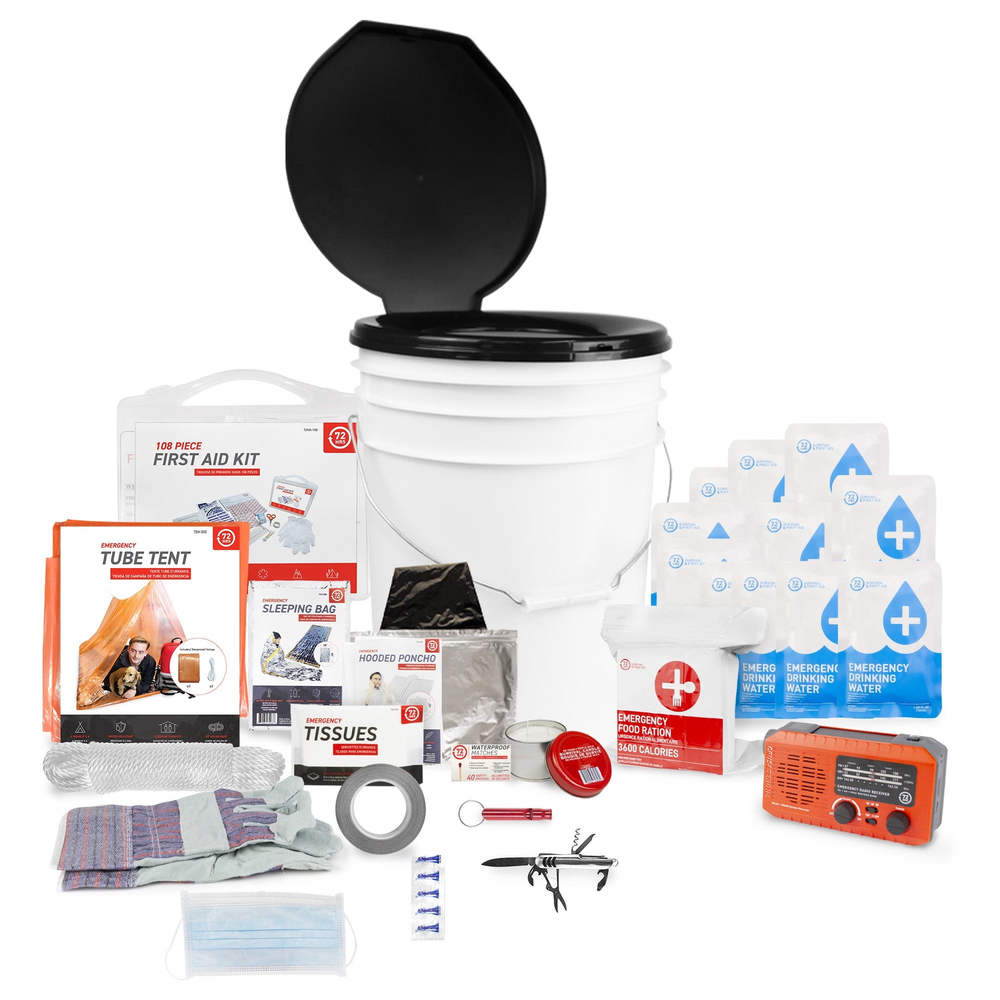 1 Person 72HRS Deluxe Toilet - Emergency Survival Kit items laid out
