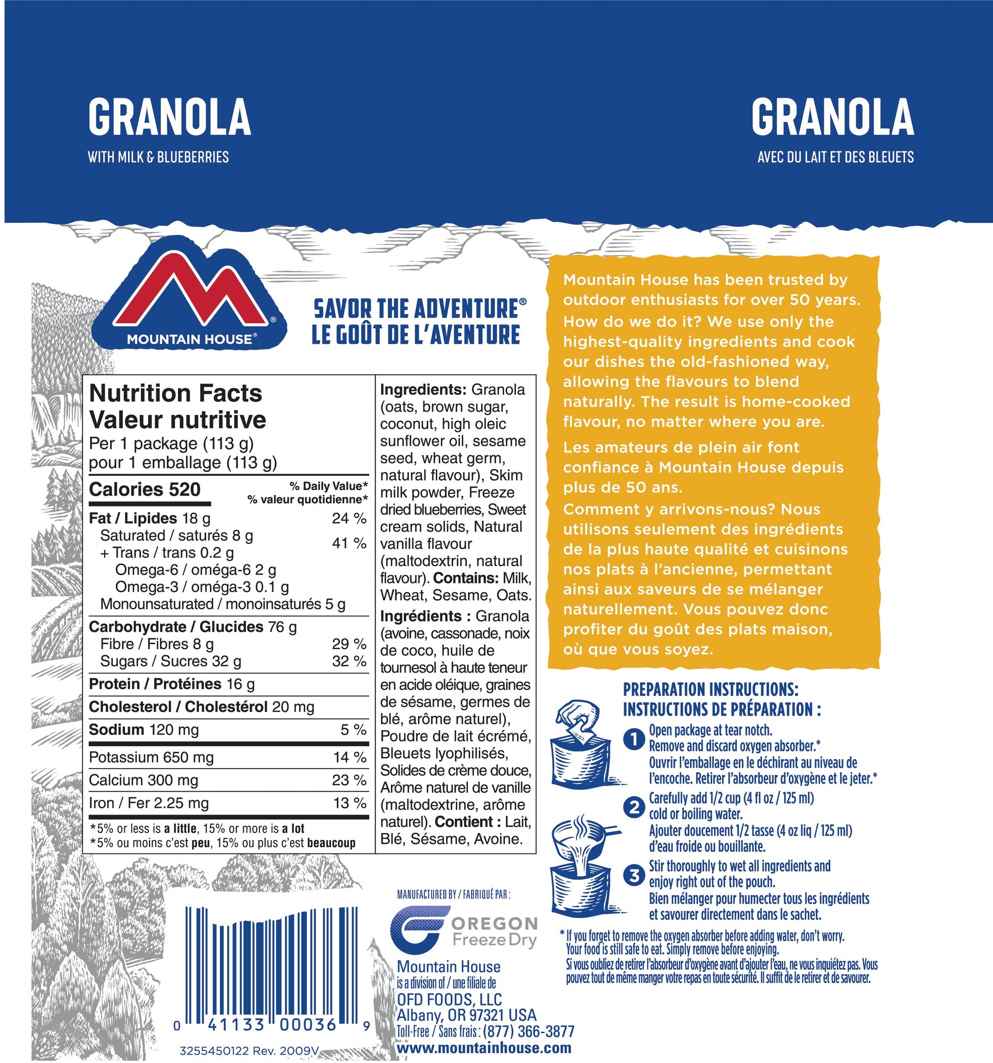 Mountain House Granola with Milk and Blueberries ingredients and nutritionals