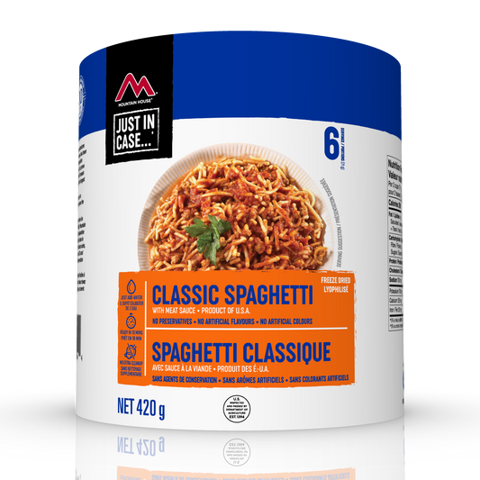 The Mountain House Spaghetti with Meat Sauce #10 Can is made with noodles and beef in Italian-style red sauce. Perfect for emergency food storage.